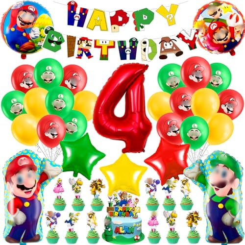Mari Luftballons Geburtstag Deko 4 Jahre Jungen Mädchen- 44Pcs Geburtstagsdeko 4 Jahr Super bros Ballon Deko 4. Geburtstag Girlande Folienballons Banner Tortendeko für Kindergeburtstag Party Deko