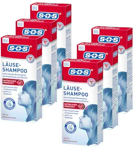 SOS Läuse Shampoo | Beseitigung von Nissen + Kopfläuse | mit natürlichem Wirkstoff für Kinder ab 3 J. + Erwachsene | Läusemittel Haare | 6x100ml