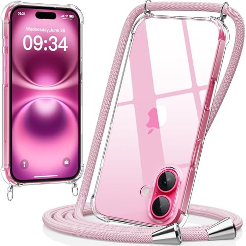 caslord Handykette kompatibel mit iPhone 16 6,3 Zoll, Necklace Hülle mit Bands Handyhülle für zum Umhängen, Transparent Case mit Handykordel,Stoßfeste Schutzhülle zum Umhängen Kordel,Roségold