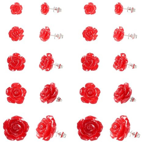 Spritewelry Lot de 50 boucles d'oreilles à tige en résine en forme de rose rouge de 5 tailles avec broches - 70 écrous d'oreille pour femme