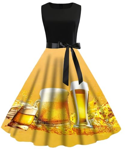 Damen Sommerkleid, lässig, Rundhalsausschnitt, kurzärmelig, Abnehmbarer Gürtel, Oktoberfest-Print, lässiges Kleid Sexy Damen Kleid Glitzer Schwarzes Kleid Halloween Damen