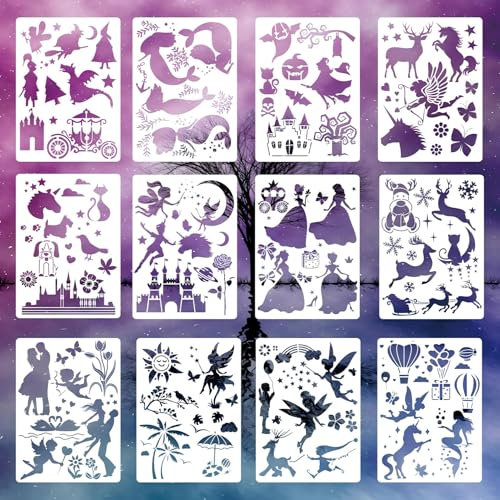 12 Stück Malerei Silhouette Schablone Zeichnung Vorlage - Schnell Zeichnen Kunst DIY Graffiti für Erwachsene und Kinder (29 X 21cm)