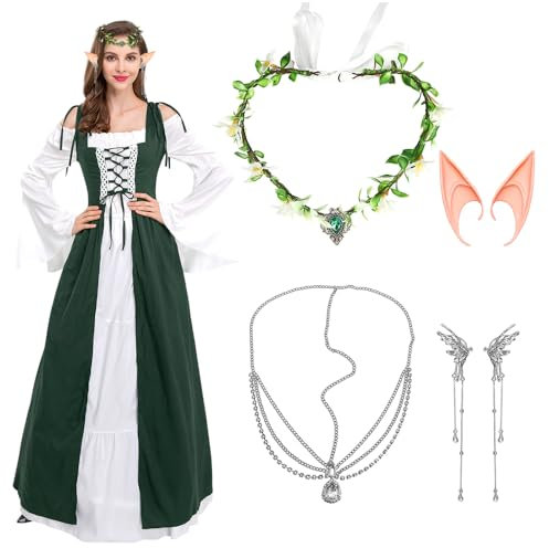 Mittelalter Renaissance Kostüme Kleid Damen Gothic Kleidung Steampunk Vintage Kleider Karneval Kostüm Piraten Cosplay Outfit mit Kopf Kette Blumenkranz Elfenohren für Fasching Halloween (Grün, XXL)