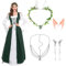 Mittelalter Renaissance Kostüme Kleid Damen Gothic Kleidung Steampunk Vintage Kleider Karneval Kostüm Piraten Cosplay Outfit mit Kopf Kette Blumenkranz Elfenohren für Fasching Halloween (Grün, XXL)