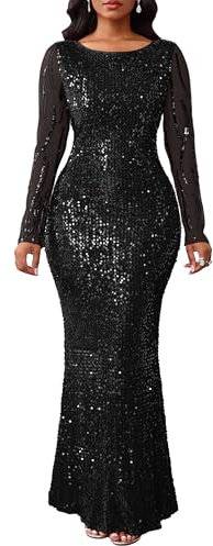 VERWIN Women's Sequins Bodycon Dress Round Neck Long Sleeve Sparkly Mermaid Maxi for Casual Party Cocktail XXL Black