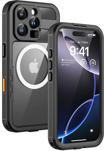 Lanhiem for iPhone 16 Pro Waterproof Case, [Compatible with MagSafe] Heavy Duty Shockproof Dustproof Cover with Built in Screen Protector, Magnetic Phone Case for iPhone 16 Pro - 6.3 inch (Black)