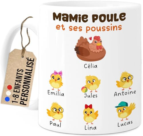 Cupdarling® Mug Mamie Personnalisé - Tasse Cadeau Grand-Mère Poule - Fête Des Grand-Mères - Anniversaire - 330 mL Céramique - 1-8 Petits-Enfants - 6 Poussins