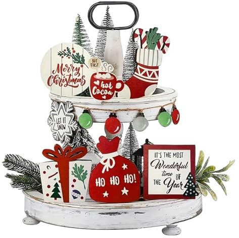 Oldmoom Tiered Tray Stand Decor Christmas | Rustic Farmhouse Wooden Serving Tray | Exquisite Table Centerpieces Wood Sign Tiered Tray for Fireplace Bedroom