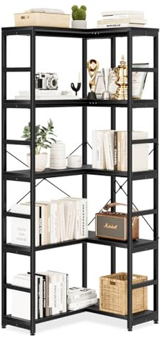 NUMENN Eck-Bücherregal mit 5 Ebenen, Holz und Metall, Bücherregal, Aufbewahrungsregal, hoher Eckschrank für Wohnzimmer, Schlafzimmer, Home Office und Küche, Schwarz