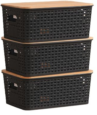 Kongming 3 Stücke Aufbewahrungsbox mit Bambus Deckel und Griff, 5l Kunststoff Bad Organizer Klein Aufbewahrungskorb Boxen Aufbewahrung für Küche Badezimmer Schlafzimmer Balkon 25x18x10cm (Schwarz)