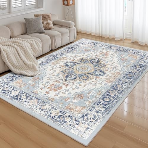 CHOSHOME Waschbarer Teppich Wohnzimmer 200X290CM Teppiche Kurzflor Schlafzimmer rutschfest Teppich Flauschiger Vintage Tiefblau