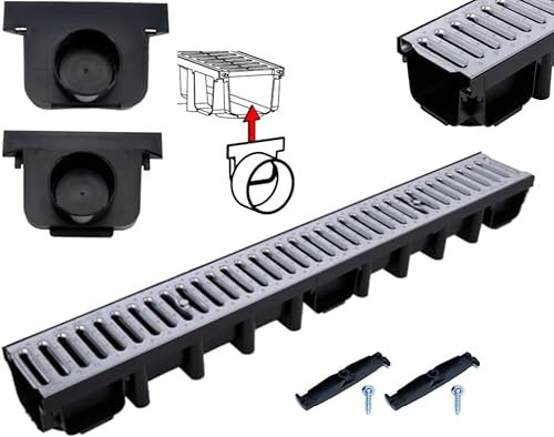 Entwässerungsrinne Bodenrinne Regenrinne Terrassenrinne Hofablauf 98 mm mit Endkappe & Abflusskappe Set Terrassenrinne Hofablauf 98 mm (Stahl bis 1,5t - 1 Meter)