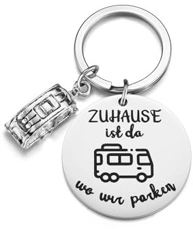 JSDDE Wohnwagen Schlüsselanhänger mit Gravur Zuhause ist da, wo wir parken Camping Reise Schlüsselanhänger Geschenk für Weltreise Reise Tourist (Rund)