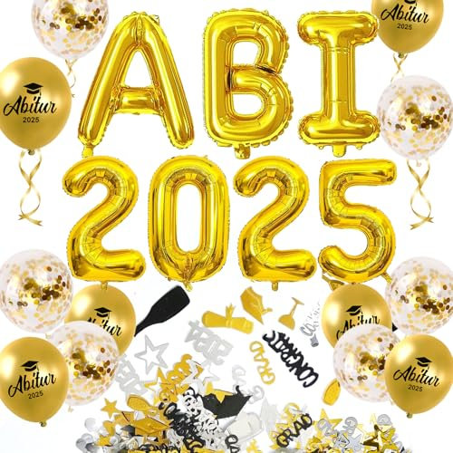 ABI 2025 Deko, Abitur 2025 Deko, ABI Luftballons für Abitur Abschlussparty Hintergrund, Gaduation Deko mit Jahreszahl, ABI Schriftzug, Ballons und Konfetti Ballons(Gold)