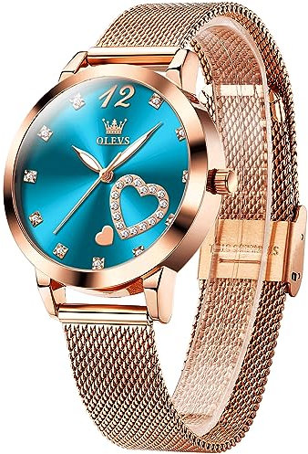 OLEVS Damen Roségoldene Edelstahl Mesh Armband Uhren Elegantem Blauen Zifferblatt Lässige Damen Kleiduhr mit Herz Diamant Wasserdicht Quarz Analog Leuchtend Klein Armbanduhr für Frauen