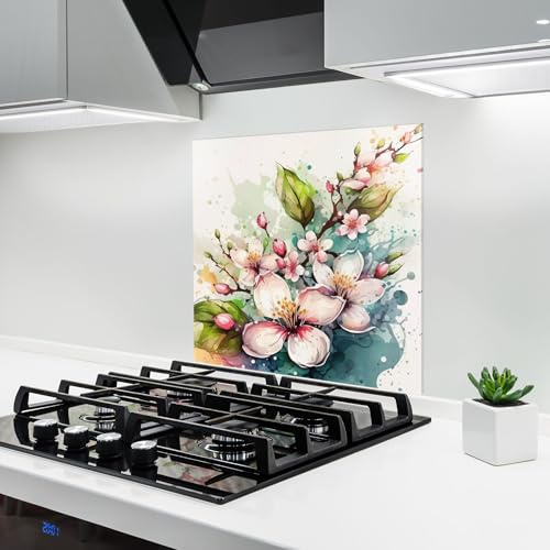 ARTHUB® Glass Kitchen Splashback 60x60 cm, Tempered Glass 4mm | Heat Resistant, Stove Splash Guard, Wall Protector, Landscapes, Cream Pink Spring