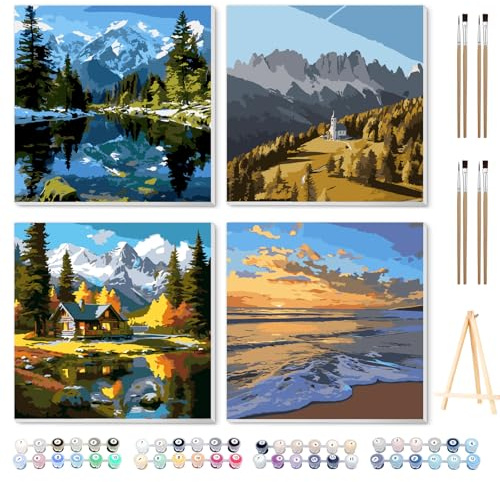 Ninonly 4 Stück Malen Nach Zahlen Erwachsene mit Rahmen Paint by Numbers Adult mit Pinseln und Rahmen DIY Malen-Nach-Zahlen Erwachsene für Wanddeko 20×20cm Scenery