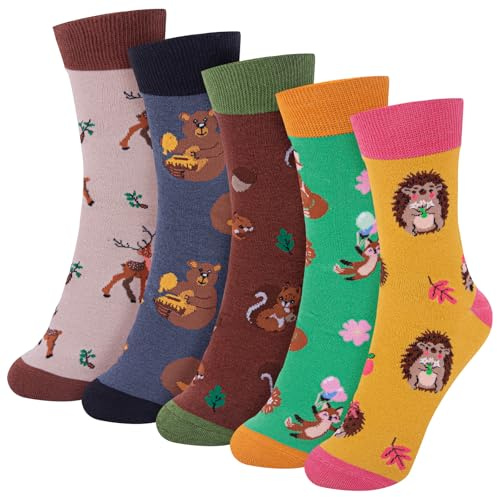 Riqiaqia 5/6 Paar Damen Socken Lustige Bunte Baumwolle Crew Socken mit Katze Hund Muster, Weihnachtsgeschenke für Damen Frauen, Einheitsgröße