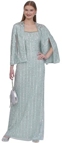 G EVE Women's Cocktail Full Length Evening Dress with Cape - Square Neck, Cape Sleeves | Polyester Elegant Party Wear with Zipper & Hook Eye Closure | Ideal for Wedding Guest & Bridesmaids - ICY Sage