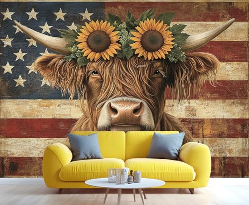 YXQAIED Wallpaper - Highland Cow Home Decor & Mural, Sunflower Bedroom Wallpaper, Retro Flags Wallpapers for Living Room, Not Self-Adhesive Large Wall Murals