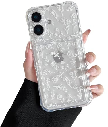 DEFBSC Hülle für iPhone 17 Transparente met Kartenhalter,Blumenskizze | Süßes Blumen Muster Handyhülle mit Kartenfach,Ultra Dünn Weiche TPU Stoßfeste Durchsichtige Schutzhülle