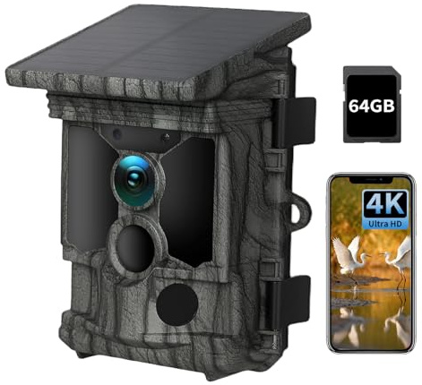 Wildlife Camera WiFi Bluetooth, 4K 112MP Solar Trail Camera Night Vision Motion Activated IP66 Waterproof, 64GB Micro SD Card, 0.2s Trigger Garden Camera with Built-In 5200mAh Rechargeable Battery