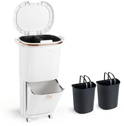COSTWAY Mülleimer Küche, Mülltrennsystem 3 Fächer, 2 x 12L Inneneimer & 14L Treteimer, Abfalleimer mit Rollen, Deckel, Pedal & Haken, Tretmülleimer Abfallsammler für Küche (Weiß)