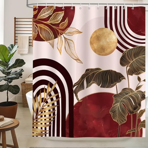hometrixx Rideau de Douche Boho Feuilles Soleil Abstrait 180x200 Rouge Doré | Imperméable Polyester, Infroissable, Séchage rapide, Rideaux de Douche pour Salle de Bain, Lavable en Machine 12 Crochets