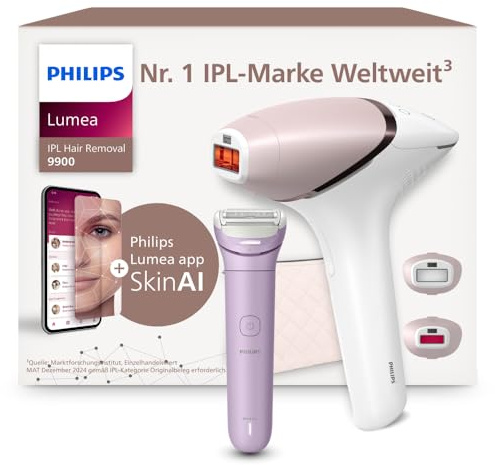 Philips Lumea IPL 9900 Series Haarentfernungsgerät BRI950/02 inkl. Lady Shaver BRL149/00 – Alternative zur Laserhaarentfernung – 2 Aufsätze für Körper & Gesicht