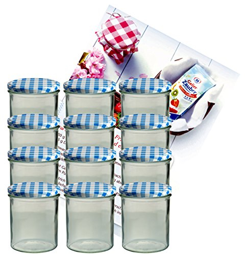 MamboCat 12er Set Sturzglas 350 ml Marmeladenglas Einmachglas Einweckglas to 82 blau Karierter Deckel incl. Diamant-Zucker Gelierzauber Rezeptheft