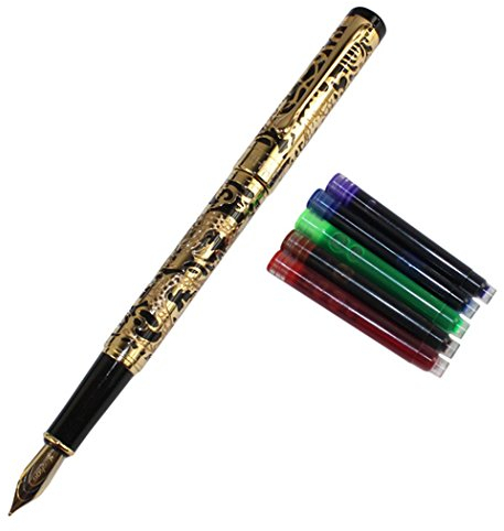 Gullor Advanced Fountain Pen Jinhao 5000 Golden and Black Dragon Year with Gift Box and Ink cartridges