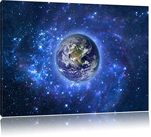 Pixxprint Planet Erde im Weltraum, Größe: 120x80cm, Leinwandbild, fertig gespannt, Wandbild, Dekoration, Kunstdruck, kein Poster