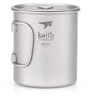 Keith Titanium Mug en Titane à Simple Paroi 450 ml, Ti3204, Mug de Voyage Portable avec Couvercle et Poignée Pliable, Idéal pour le Café, le Camping, la Randonnée, le Bivouac et les Pique-Niques