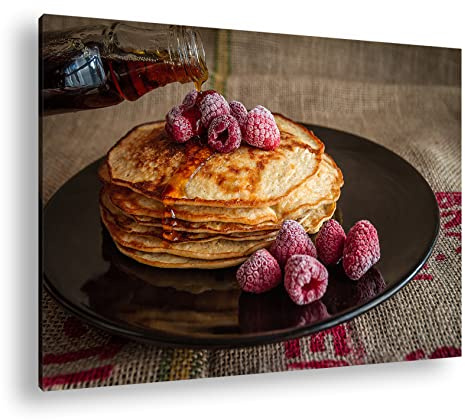 Leinwandbild Pancakes mit Himbeeren – Süße Verführung auf dem Teller Format: 100x70 cm XXL Kunstdruck Bild auf Keilrahmen/Wandbild/Wohnzimmer Deko