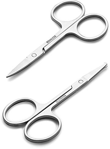 Lot de 2 petits ciseaux de toilettage pour poils du visage pour homme et femme – sourcils, poils de nez, moustache, barbe, cils, oreilles – Pince de sécurité incurvée et arrondie pour la coupe de