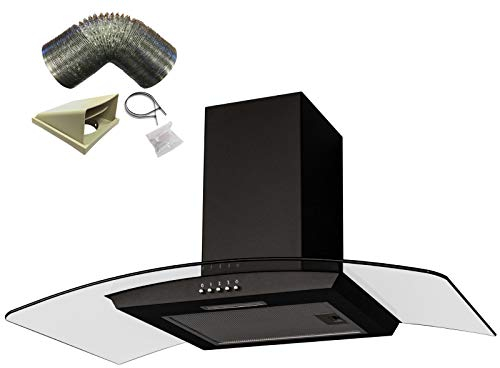 SIA CGH90BL Black 90cm Curved Glass Chimney Cooker Hood Extractor and 3m Ducting