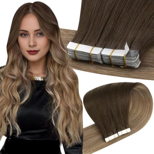 Easyouth Remy Tape on Extension Echthaar Adhesive on Haar 16 Zoll 40g Farbe Dunkelste Braune Mischung Mittelbraun und Aschblond Seamless Extension Tape on Echthaar
