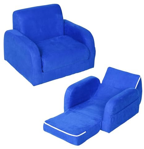 HOMCOM Children's Armchairs Kids Toddler Sofa Chair 2 In 1 Sofa Bed Folding Couch Soft Flannel Sponge Playroom Bedroom Living Room Blue