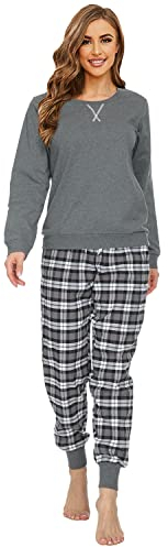 Mnemo Ensemble Pyjama Femme à Carreaux en Coton, Manches Longues, Gris/Noir, Taille L