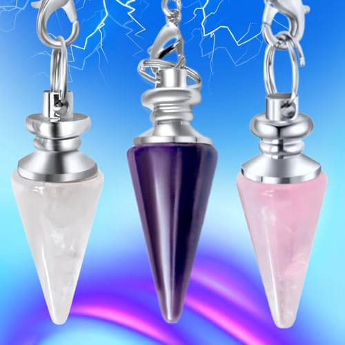 Pendule Divinatoire x3 en CRISTAL DE ROCHE, AMETHYSTE et QUARTZ ROSE en forme de CÔNE, Pendule de Radiesthesie en Pierre Naturelle – Pack de 3 Pendules [𝐆𝐀𝐑𝐀𝐍𝐓𝐈𝐄 𝐀 𝐕𝐈𝐄]