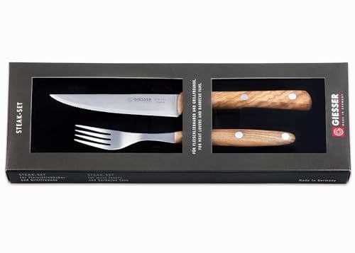 Giesser seit 1776 - Made in Germany - Steakbesteck, 2 Teilig, Olivenholz, genietet, rostfreier Edelstahl, Küchenbesteck, Set mit Messer und Gabel, 9750-2 o