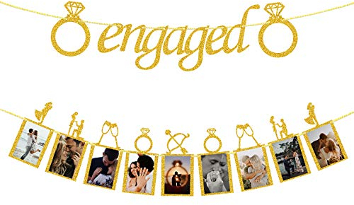 Verlobung Hochzeit Dekorationen, Gold Verlobte Banner und Foto Banner mit romantischen Erinnerungen Bilderkartenrahmen für Verlobte Hochzeit Jahrestag Valentinstag Party