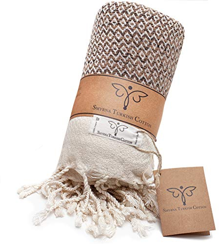 Smyrna türkische 100% Baumwolle Vintage Kuscheldecke | Beste Qualität | Große 152 x 205 cm Kuscheldecke | Hergestellt in der Türkei |Maschinenwaschbar | Premium Luxus Badetuch & Picknickdecke- Latte
