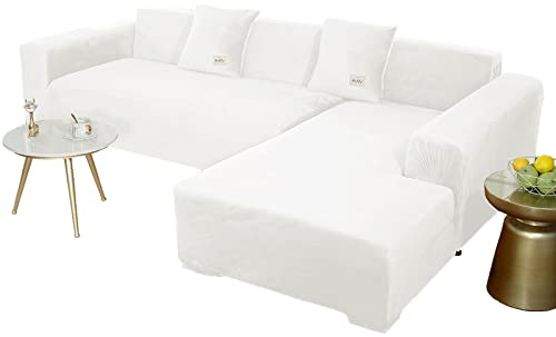 JHLD Sofabezug L Form, Stretch Sofabezug Samt L-förmiger Sofabezug Weiche Anti-rutsch Sofa Überwürfe Für Ecksofa-Weiß-2 Sitzer+3 Sitzer
