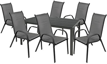 Mojawo Hochwertige Gartengarnitur 7-teilig Gartentisch 180x90cm Anthrazit Aluminium/Tischplatte aus WPC Schwarz + 6 Stapelstühle Aluminium/Stahl Mix Textilen Anthrazit