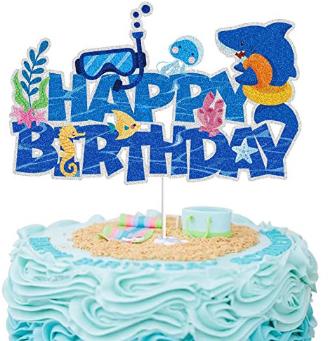 Ocean Happy Birthday Cake Topper Decoration Blue Glitter Sea Fish Shark Octopus Seaweed Cake Decorations Ocean Nautical Theme Birthday Party Supplies for Kids' Birthday