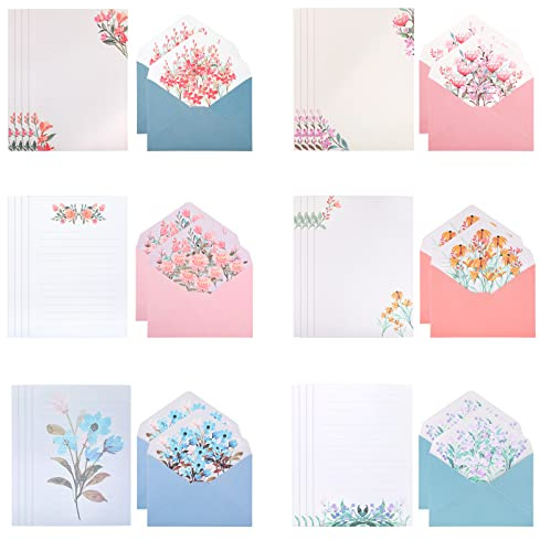 Writing Paper and Envelopes Set, 24 Pcs Stationery Papers with 12 PCS Envelops, Unique Flower Design Lined Letter Writing Set, Writing Stationery Paper for Invitation Gifts Greeting Cards(6 Sets)