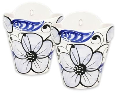 Verano Spanish Ceramics Outdoor Living Terracotta Hand Painted Blue Flower Hanging Pots - Decorative New Home Garden Yard Patio Décor Gardening Herb Flower Wall Plant Pots - Set of 2-22cm x 22cm