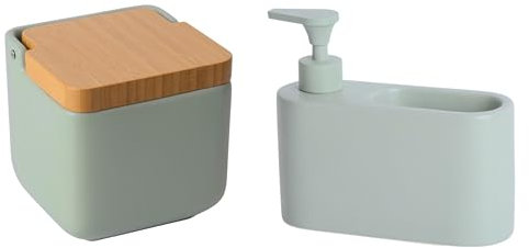 KOOK TIME Set de Accesorios de Cocina - Incluye Salero con Tapa Basculante de Bambú y Dispensador de Jabón con Hueco Guarda Estropajos para el Fregadero - Cerámica Verde Salvia Mate y Bambú