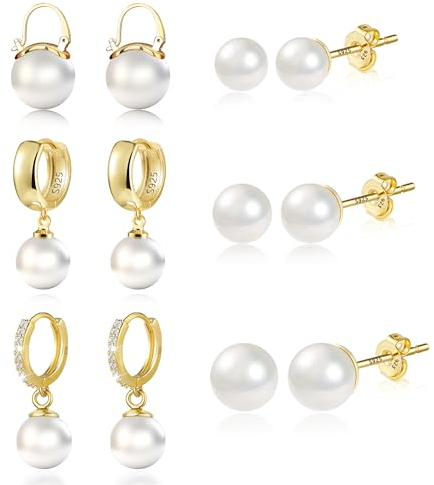 Ohrringe Gold Set, 6 Paar Ohrstecker Perlen Set Gold Creolen mit Perlen Anhänger Ohrring, Silber 925 Ohrringe Hängende Kleine Creolen Süßwasserperlen Ohrstecker Kleine Gold Ohrringe Set Damen